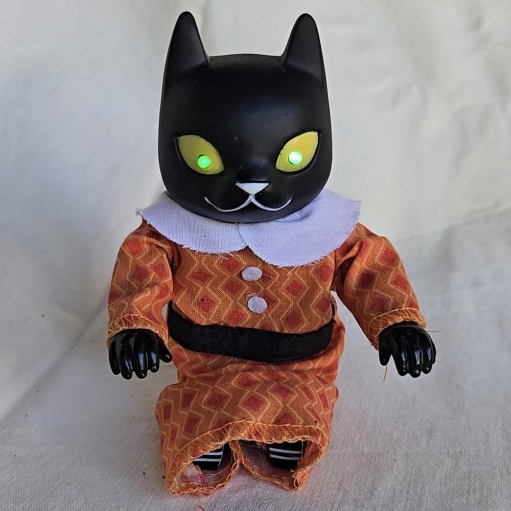 Vintage Retro Halloween Black Cat in Dress Glowing Green Eyes Plays Music Decor
